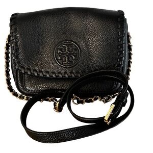 Tory Burch Marion Mini Flap Bag Black Pebbled Leather Gold Hardware